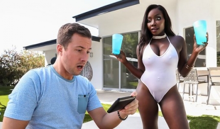 Busty Ebony Fucks Her Mature Boyfriend's Pale White Son