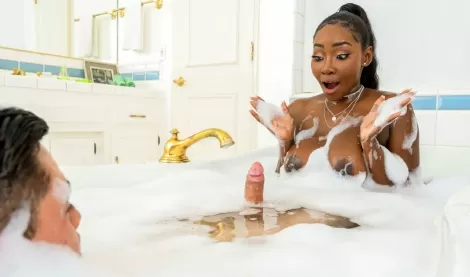 Ebony Stepmom Spots Stepson's Huge Cock in Bath Fucks Secretly Dad Away