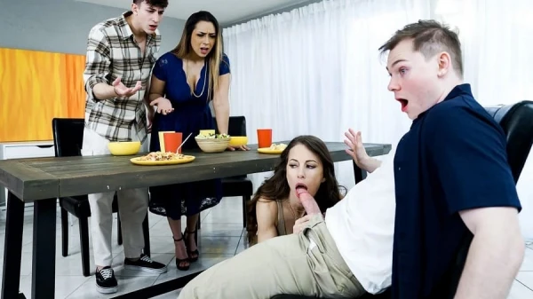 Stepmoms Justine & Lilly Suck Stepsons Under Table Parents Day Orgy All Holes